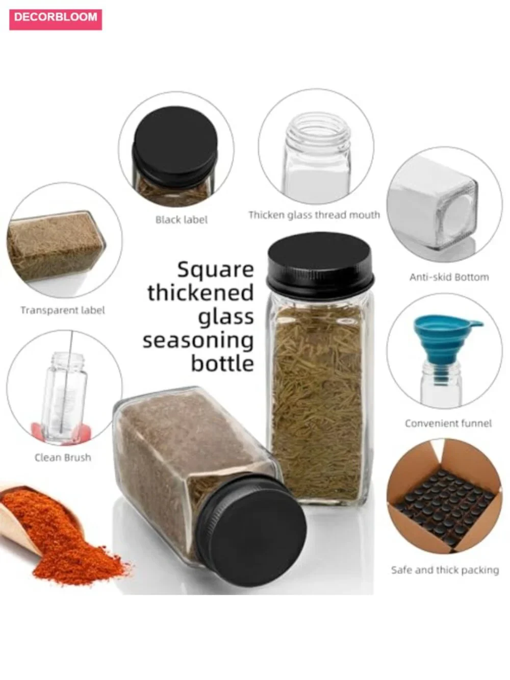 6pcs 4oz Glass Spice Jars with Shaker Lids - Square Empty Bottles Kitchen